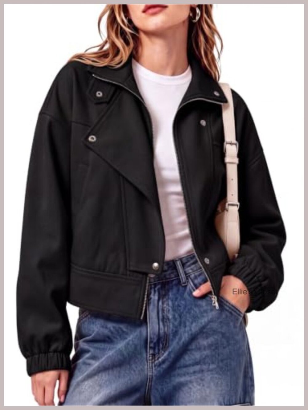 Cropped Moto Jacket with Hidden Front Zipper - Polyester